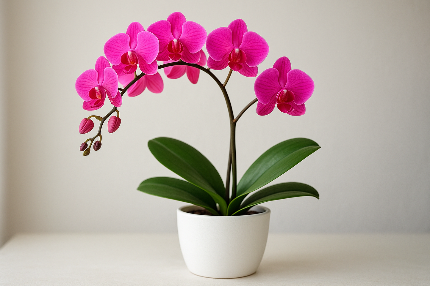 hot pink phalaenopsis orchid in a white pot