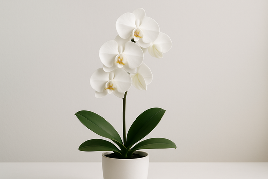 Single stem of the white phalaenopsis orchid in a white pot