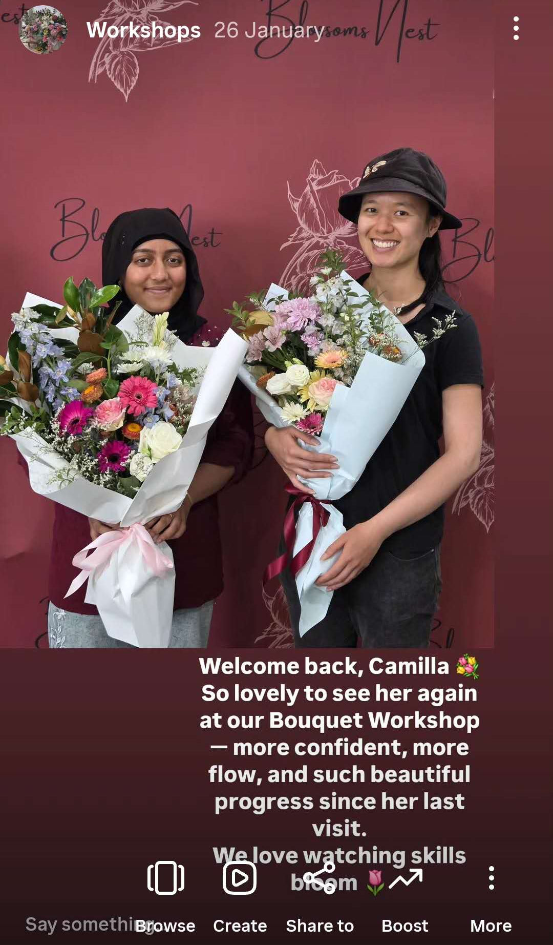 Two women holding flower bouquets with a promotional message on a red background