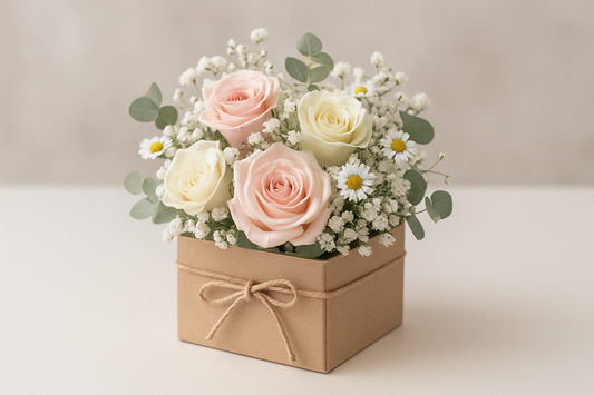 flower arrangement in a small paper box