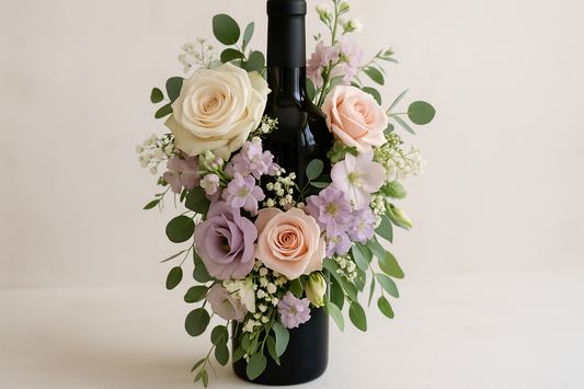 flower arrangement on wine bottle